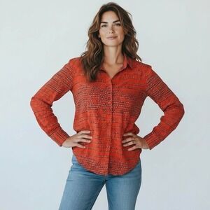 beachlunchlounge womens red heart‎ print long sleeve button up shirt xs tp